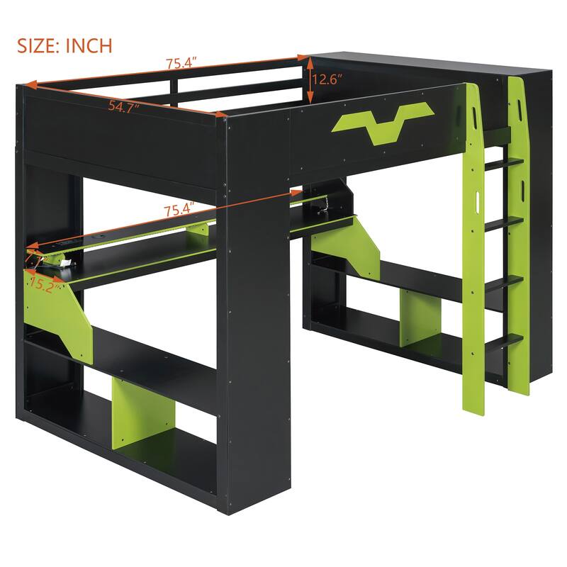 Roomfitters Full Gaming Loft Bed with Power Hub, RGB Lights and Cable Management