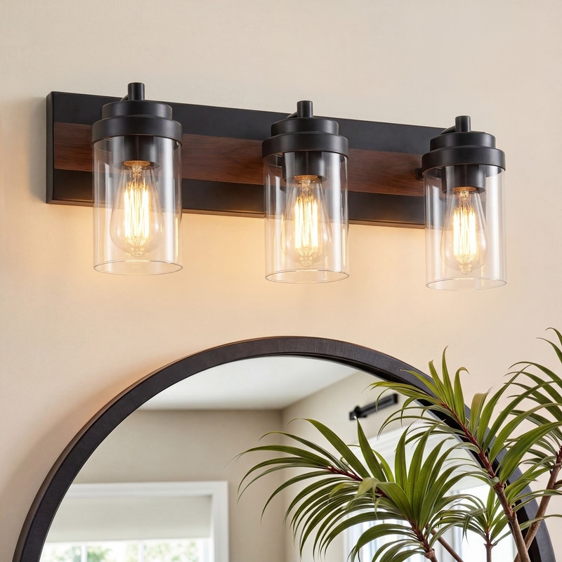 KAWOTI 20.5 in. 3-Light Matte Black Farmhouse Bathroom Vanity light with Faux Wood Accent and Clear Glass Shades