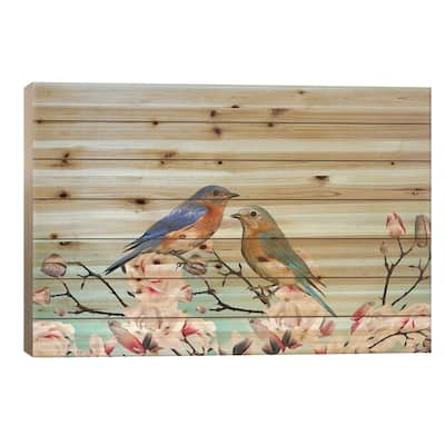 Bluebirds In Magnolia Tree Print On Wood by Laura D Young - Multi-Color