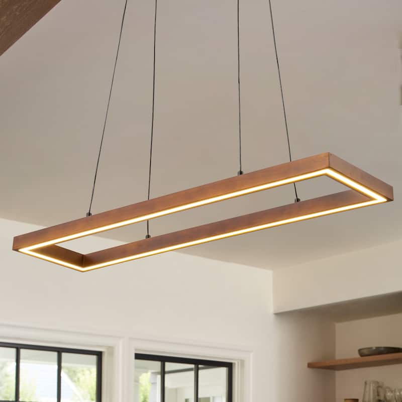 1-Light Farmhouse Walnut Oak Hollow LED Pendant Light for Dining Room - 32.2 in. W x 8.5 in. D x 1.8 in. H