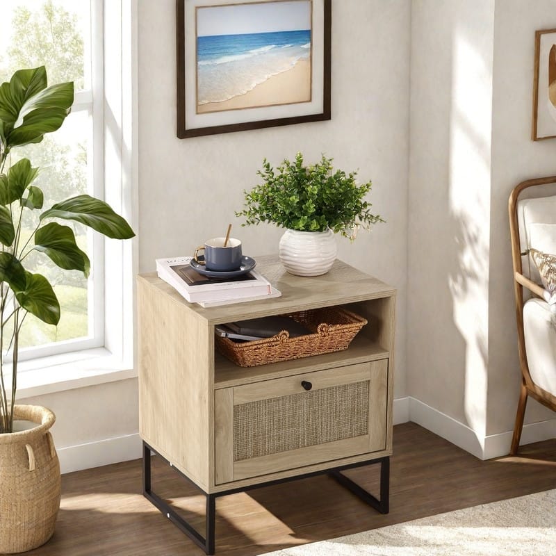 Rattan Nightstand, Boho Bedside Table End Table with Storage Drawer & Metal Legs for Bedroom - Light Oak+Black