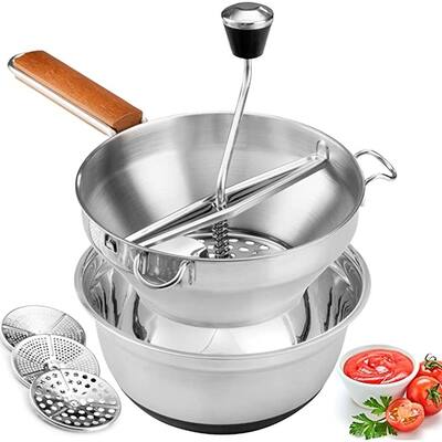 Food Mill with Bowl and 3 Grinder Discs(Wood Handle)
