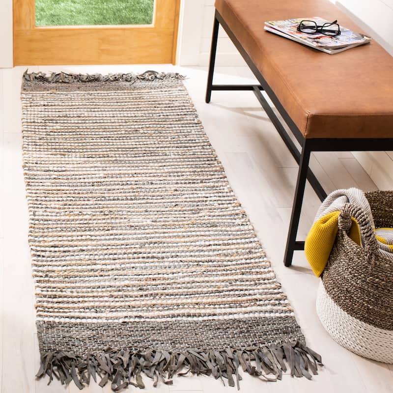 SAFAVIEH Handmade Vintage Boho Leather Lia Modern Stripe Leather - 2' 3" x 9' - Grey/Multi - Runner