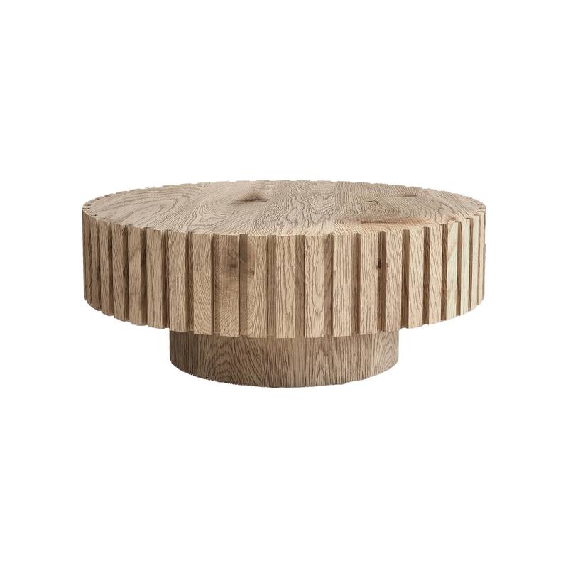 GDFStudio - Norwyn Minimalist Aesthetics Round Coffee Table with Sturdy Base and Handcrafted Relief Carving - 31.5"W