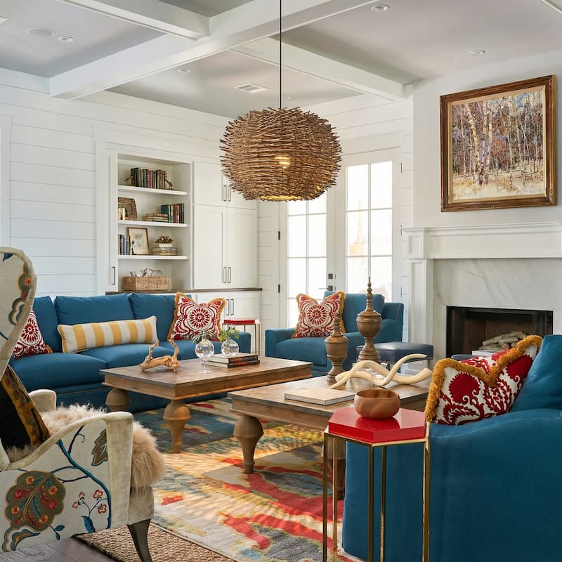 20-inch 1-Light Modern Natural Brown Hand-Woven Rattan Hanging Dining Room Chandelier - 18.89" W x 12.99" H