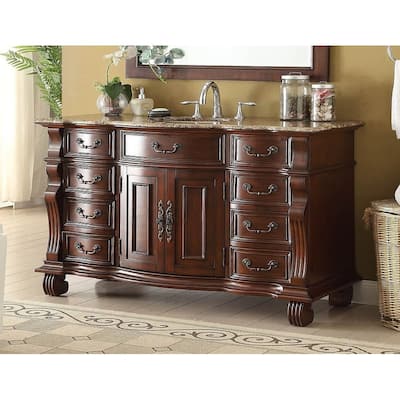 60 inch Antique Style Cherry Wood Hopkinton Bathroom Sink Vanity With Baltic Brown Top