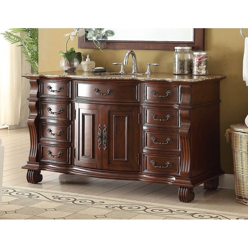 60 inch Antique Style Cherry Wood Hopkinton Bathroom Sink Vanity With Baltic Brown Top
