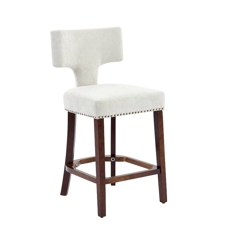 Counter Height Bar Stools Set of 2, Farmhouse Linen Fabric Upholstered Accent Chair Curved Backrest with Copper Nails around