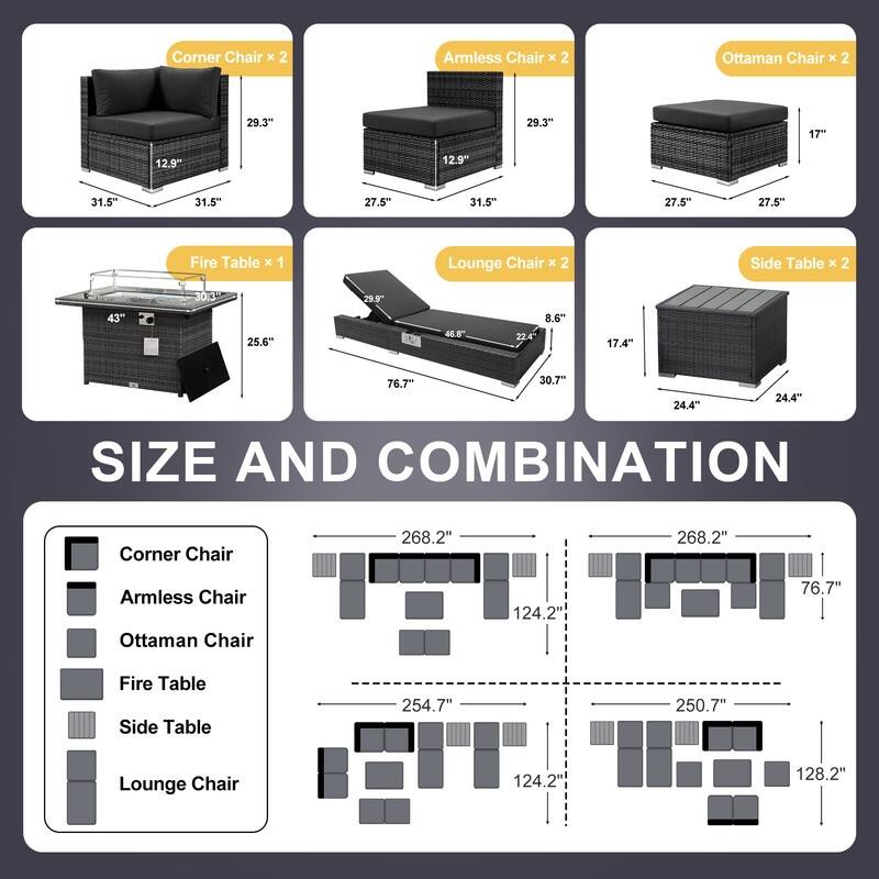 FINCATI 11 Pieces Patio Furniture Set Outdoor Sectional Sofa with Firepit Table