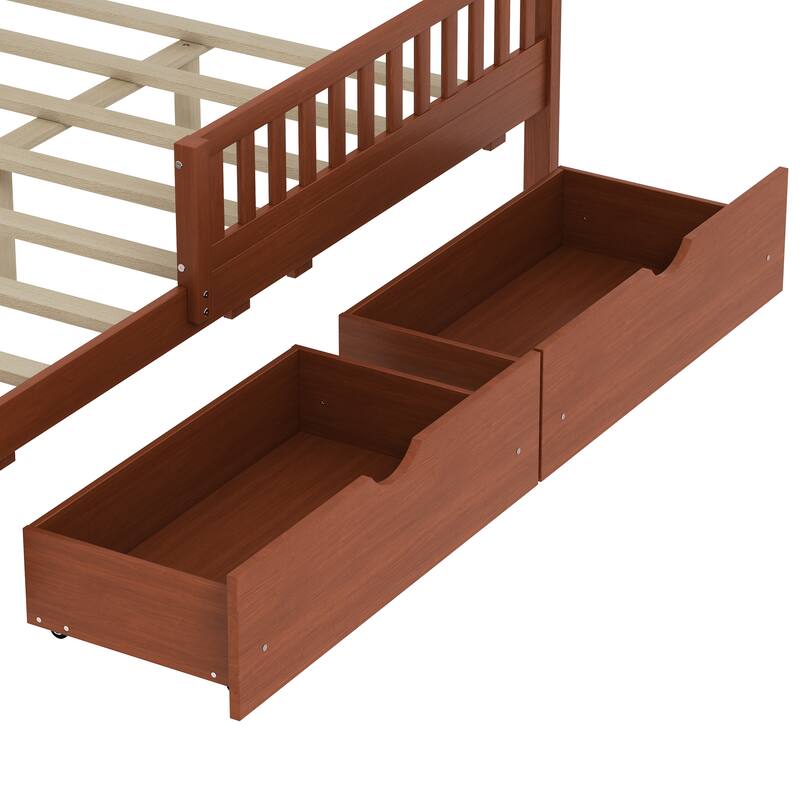 Full Size Wood Platform Bed with Guardrails on Both Sides