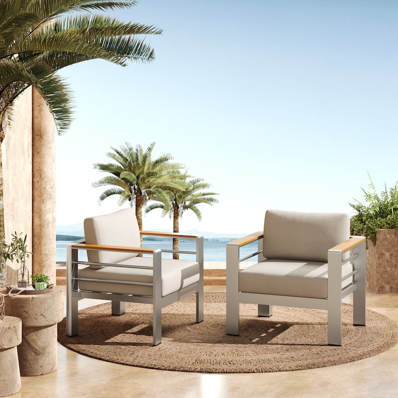 Christopher Knight Home - Everett Outdoor Aluminum Club Chair with Cushions and Rust-Resistant Frame - Natural+Beige/2-piece