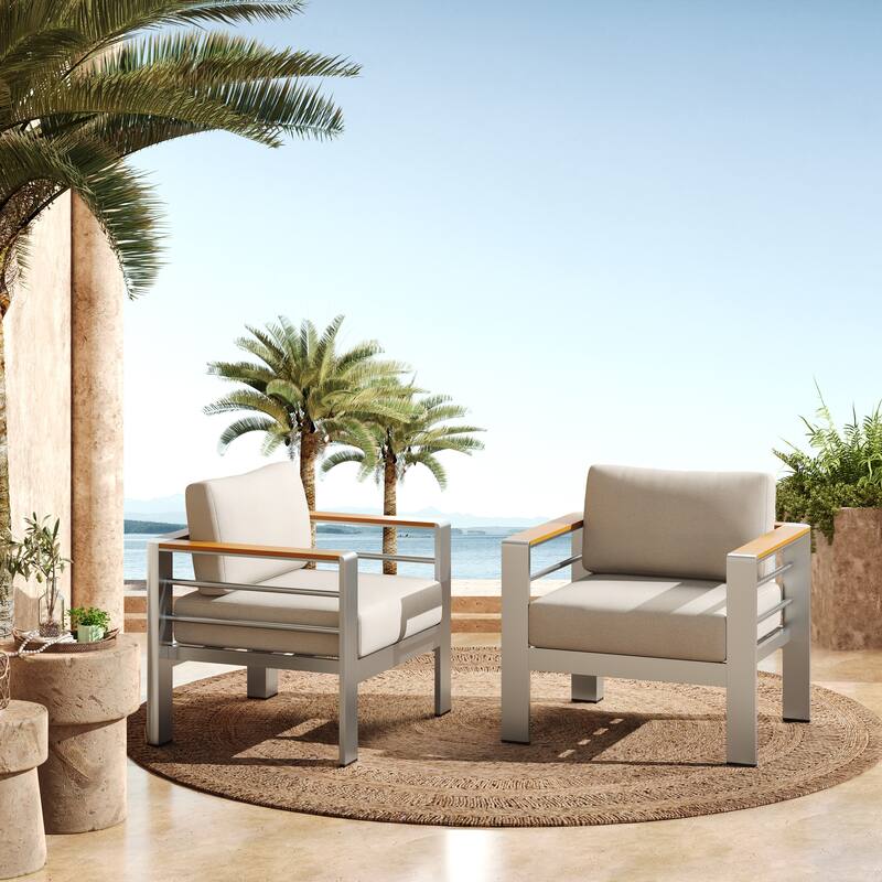Roomfitters Cora Outdoor Aluminum Club Chairs with Olefin Fabric Cushions, Silver and Beige
