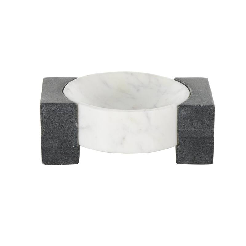 Marble Geometric Round Tray with Black Rectangular Blocks - White - Roche River Decor