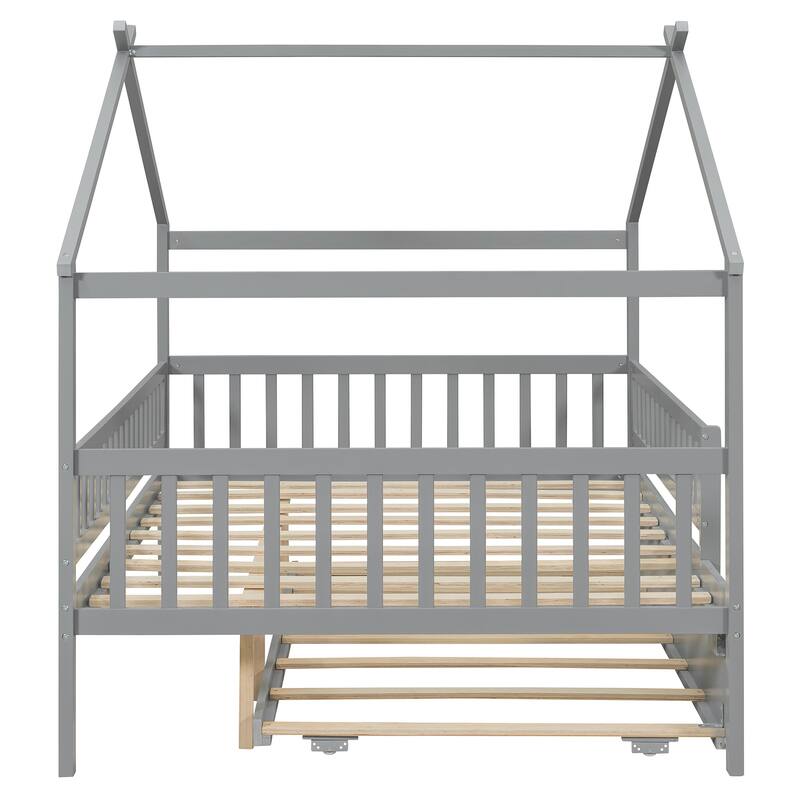 Roomfitters Full Size Wooden House Bed with Twin Trundle and Roof Frame Pine