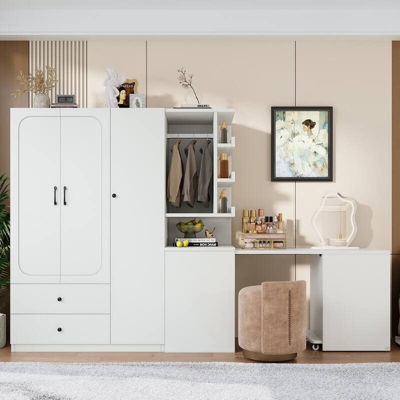 2-Door Wardrobe with Convertible Desk, Multiple Drawers & Hanging Storage