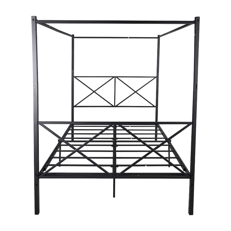 Queen Size Metal Canopy Bed Frame with X Shaped Design, No Box Spring Needed, Under Bed Storage