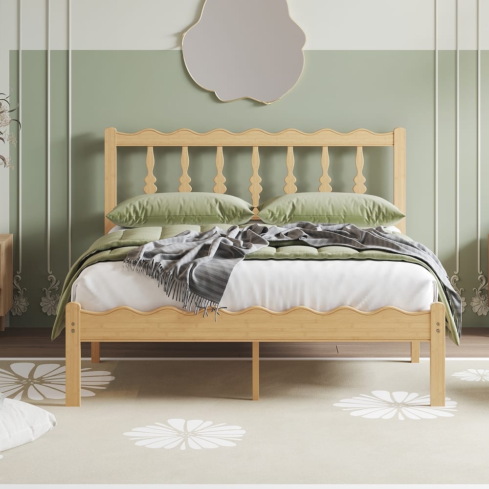 Solid Bamboo Bed Frame with Headboard, Heavy Duty Metal Slat Support, Easy Assembly