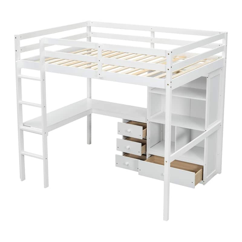 Full Size Wood Loft Bed with Desk and Storage