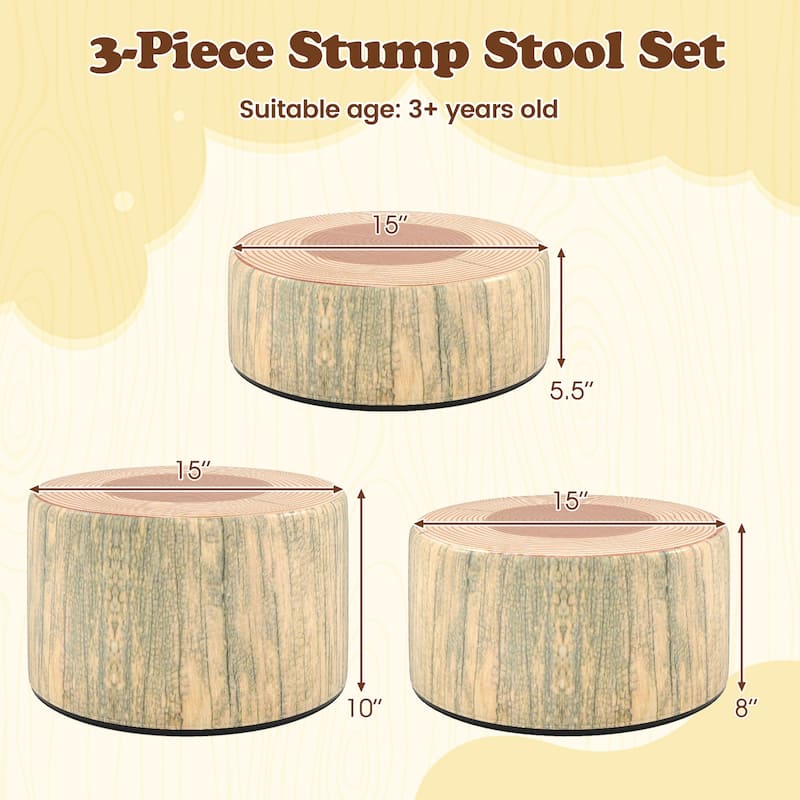 Gymax 3 PCS Tree Stump Stool Set w/Wood Printing Nature Decoration &