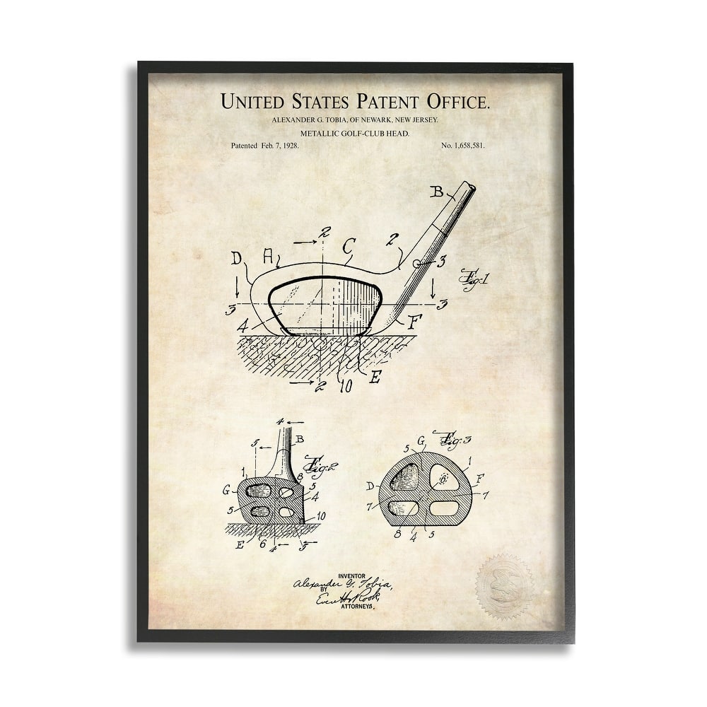 Stupell Golf Club Head Detailed Design Blueprint Patent Framed Wall Art - Beige