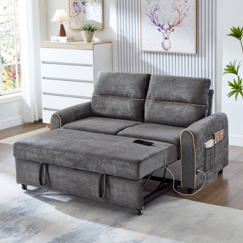 Roomfitters 58 Inch Chenille Pull Out Loveseat Sofa Bed with USB Ports and Side Storage Pockets, Modern