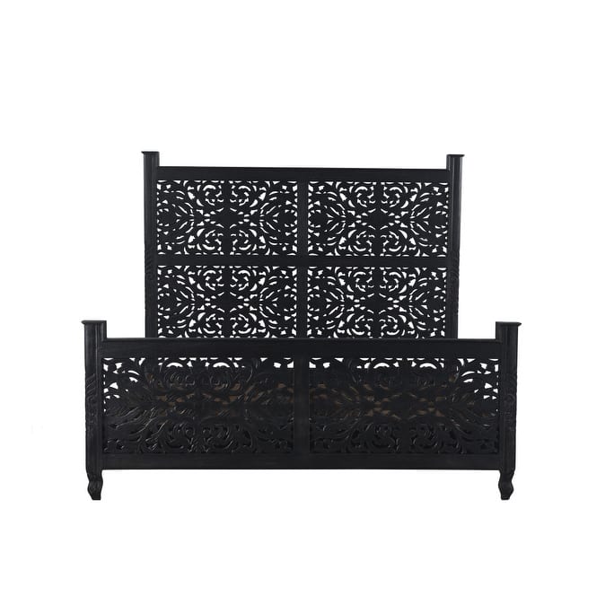 HomeRoots Carved Solid Wood King Black Bed