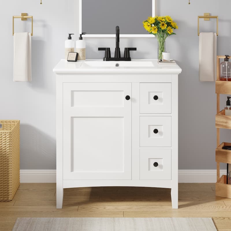 Modern Simple Bathroom Cabinet Freestanding Bathroom Vanity with Ceramic Sink, Tip-out Drawer, 2 Drawers and Side Door Organizer - White