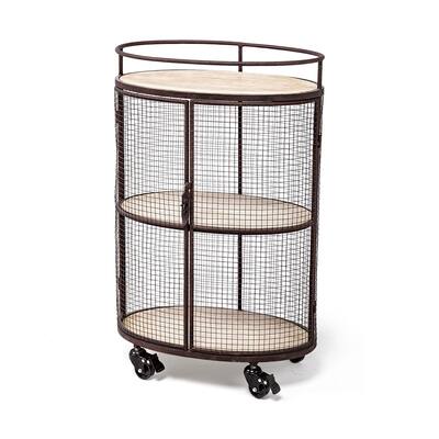 Saliuti II Black Metal Caged Frame w/ 3 Light Brown Wood Shelves Bar Cart - 20.3"W x 13.3"D x 31.5"H
