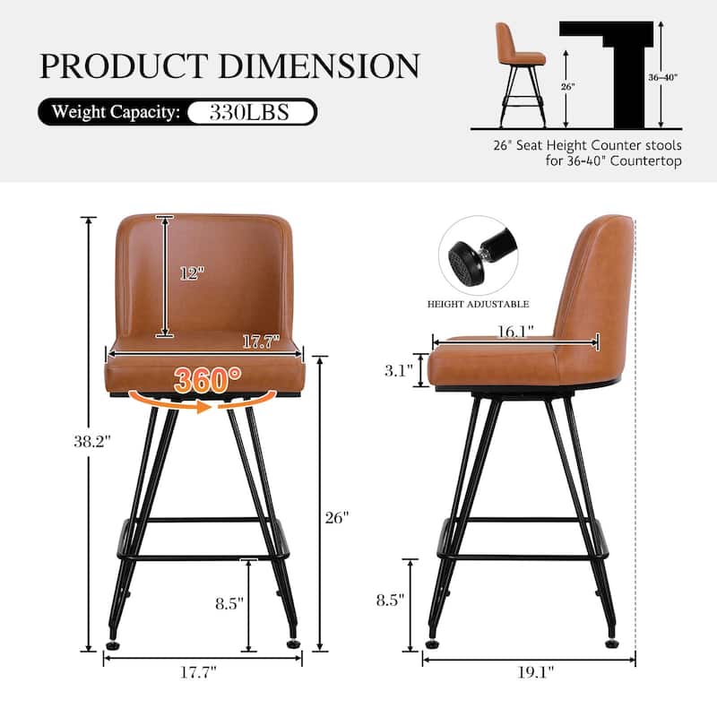 26" Leather/Velvet Swivel Counter Height Bar Stools - 38.2"H x 17.7"W x 19.1"D