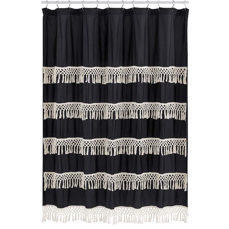 Sweet Jojo Designs Black Bohemian Boho Chic Bathroom Fabric Bath Shower Curtain Farmhouse Minimalist Macrame Ivory Tufted Fringe