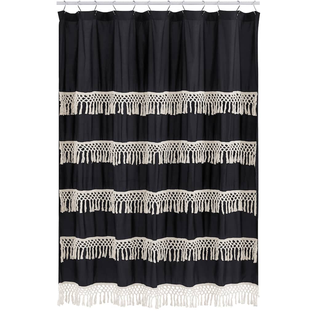 Sweet Jojo Designs Black Bohemian Boho Chic Bathroom Fabric Bath Shower Curtain Farmhouse Minimalist Macrame Ivory Tufted Fringe