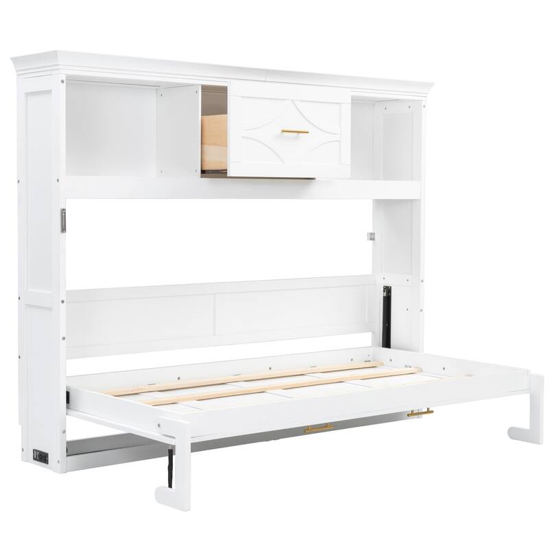 Compact Twin Murphy Bed with Charging Station, Drawer, and Storage Cabinets, White