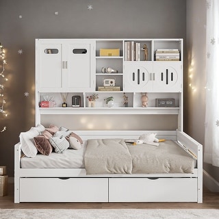White Wooden Full Size Kids Bed Daybed, All-in-One Cabinet Bed with 2 Drawers