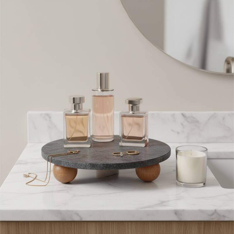 Marble Wood Round Decorative Tray with Modern Leg Detail - 3" Black - 10.0" - Black - 10.0"