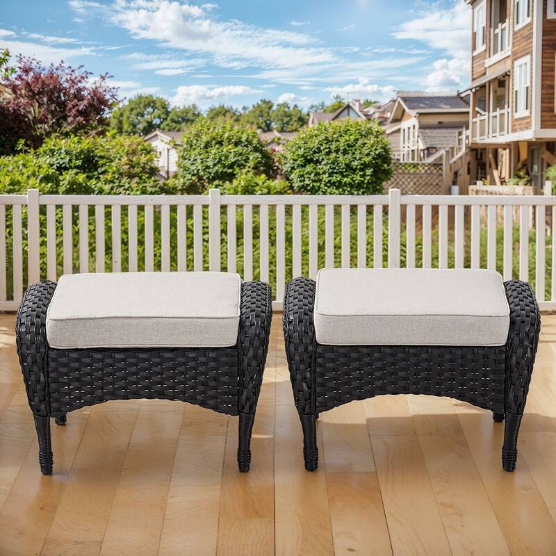 Gymojoy Versatile Outdoor Wicker Ottomans with Soft Cushions
