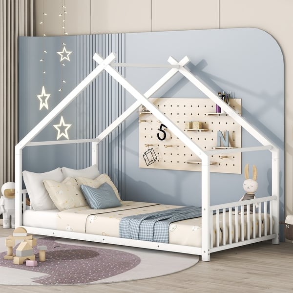 slide 2 of 9, Twin Size Montessori Floor Bed for Kids Bedroom, Floor Bed with Slats & Roof Design, Space Saving & No Box Spring Needed, Black Black - Twin