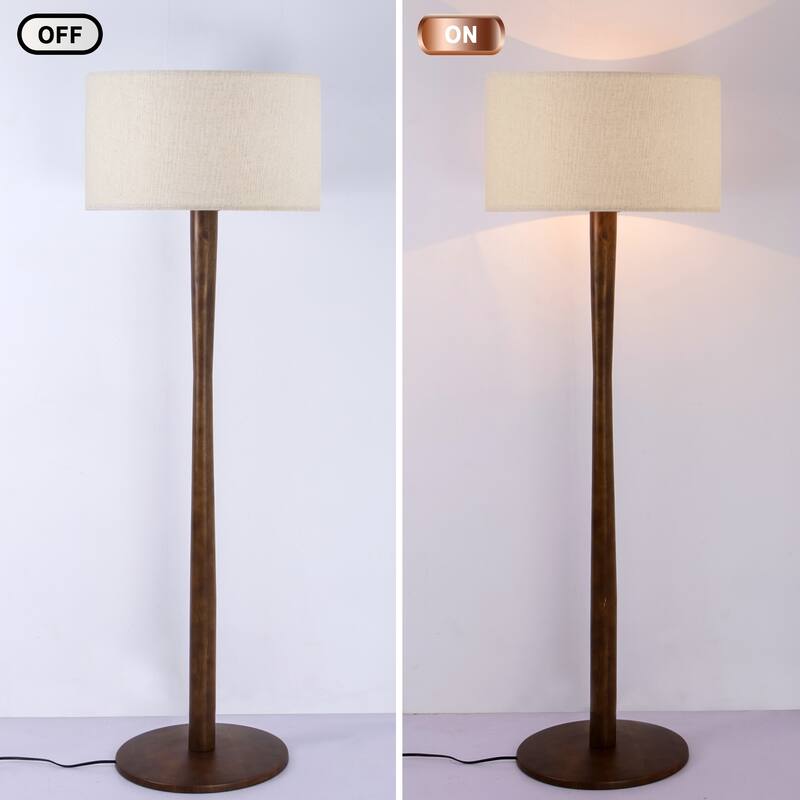 61 in. Retro Standing Floor Lamp with Rubberwood Base and Linen KD Lampshade for Bedroom, Living Room