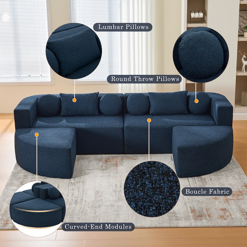 Curved Modular Sectional Boneless Upholstered Sofa Convertible Sleeper Sofa Bed, Free Combination, Boucle Deep Seating Sofa