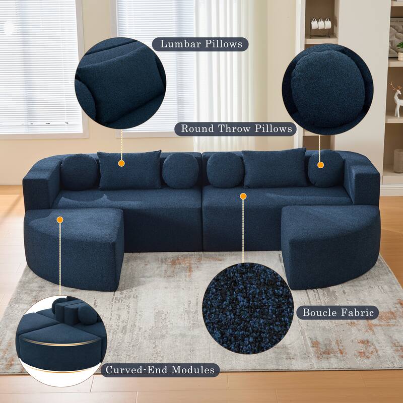 U-Shape Modular Sectional Sofa, Boucle Upholstered Boneless Couch, Compression Sofa with 4 Throw Pillows & 2 Cushions