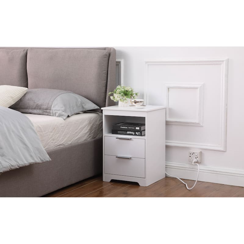 White Wooden Nightstand with Charging Station, Dual Drawers, and Open Shelf for Bedroom or Living Room