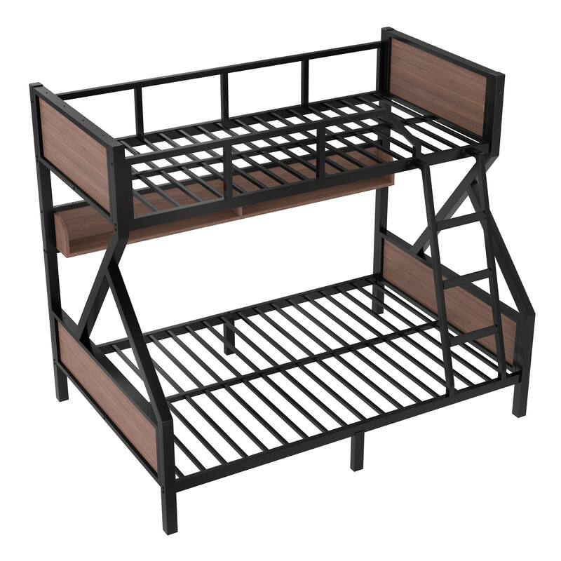 Twin over Full Bunk Bed, Metal Bunk Bed with Storage Shelves and Lights, Space-saving & Noise-free Design, Black