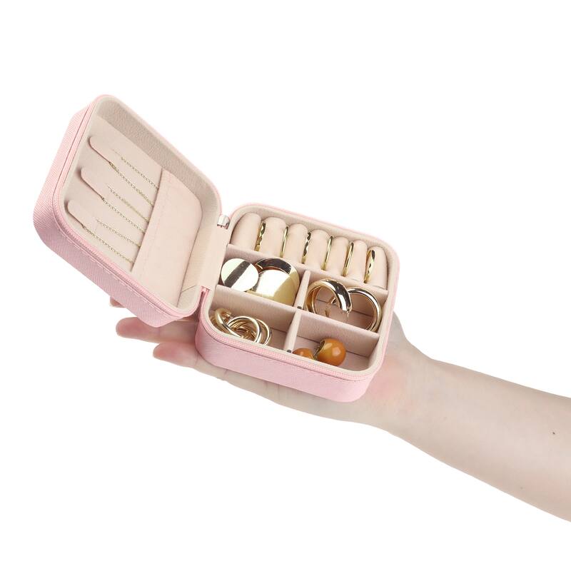 Travel Jewelry Box for Women, Teen Girl Gifts, Small Portable PU Leather Jewelry Organizer Case Storage Display Holder - Pink