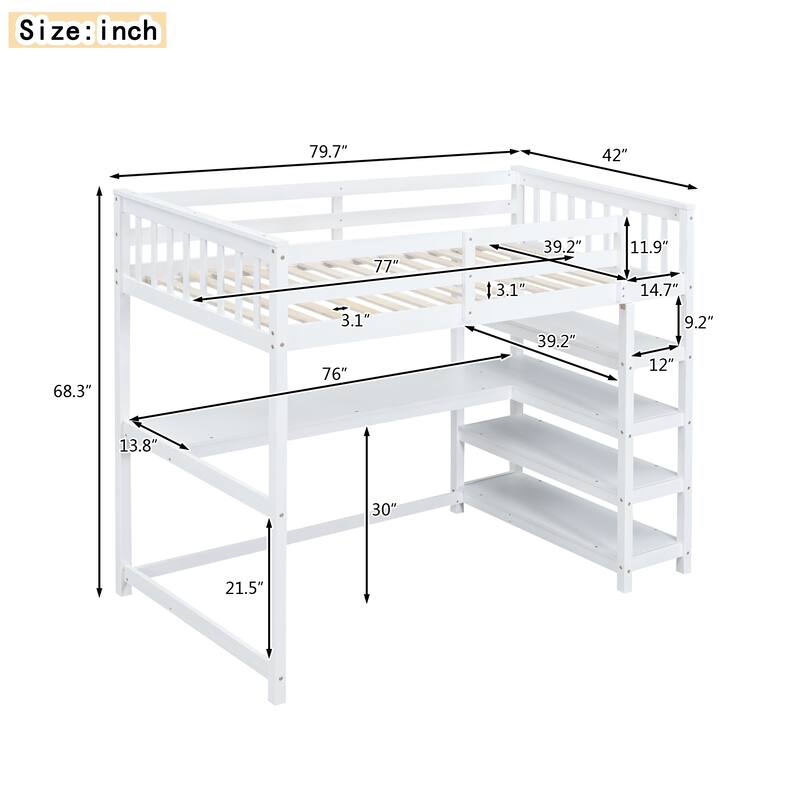 Twin Size Loft Bed with Storage Shelves and Under-bed Desk in White