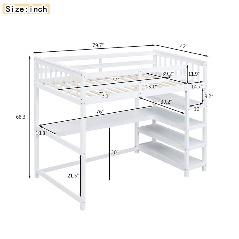 Twin Size Loft Bed with Storage Shelves and Under-bed Desk
