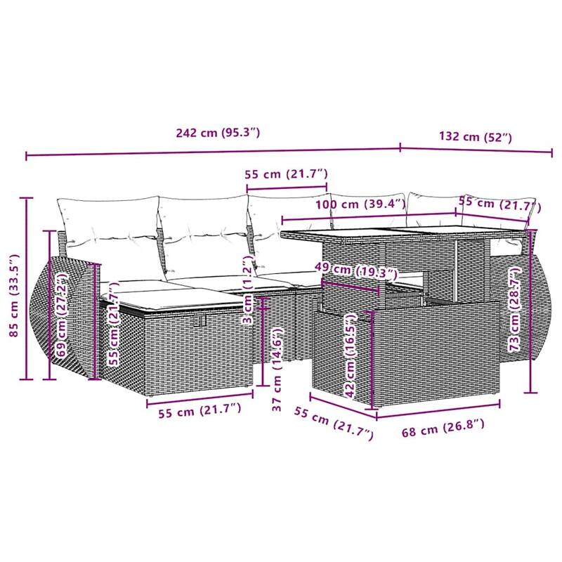 vidaXL Patio Sofa Set with Cushions Outdoor Furniture 7 Piece Poly Rattan