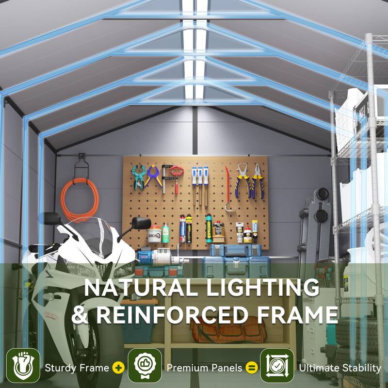 EROMMY Outdoor Storage Shed with Built-In Floor, Lockable Double Doors & Sloped Roof, Gray/Black