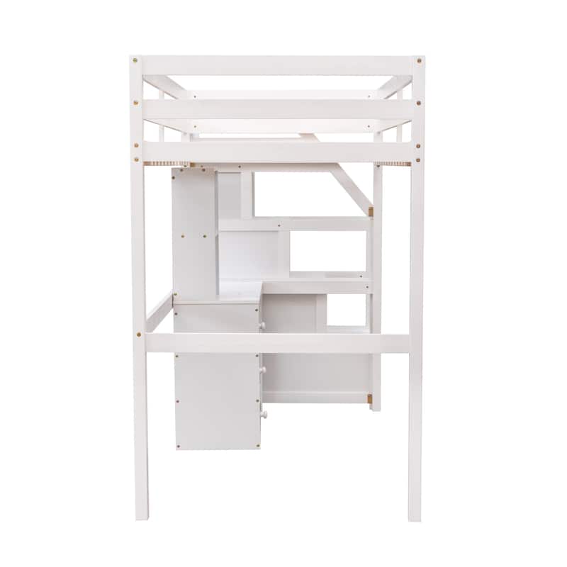 Twin Over Twin Loft Bed with a Stand-alone Bed & Storage Staircase, Solid Wood Twin Bed Frame with Desk, Shelves and Drawers