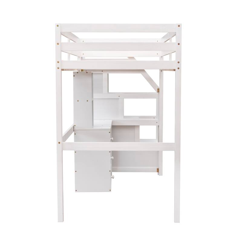 Twin Size Loft Bed with Stand-alone Bed, Storage Staircase, Desk, Shelves, and Drawers in White
