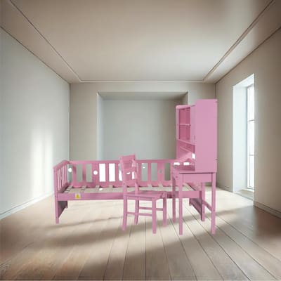 Multifunctional Wood Twin Platform Bed with Desk, Bookshelf, and Matching Chair in Pink