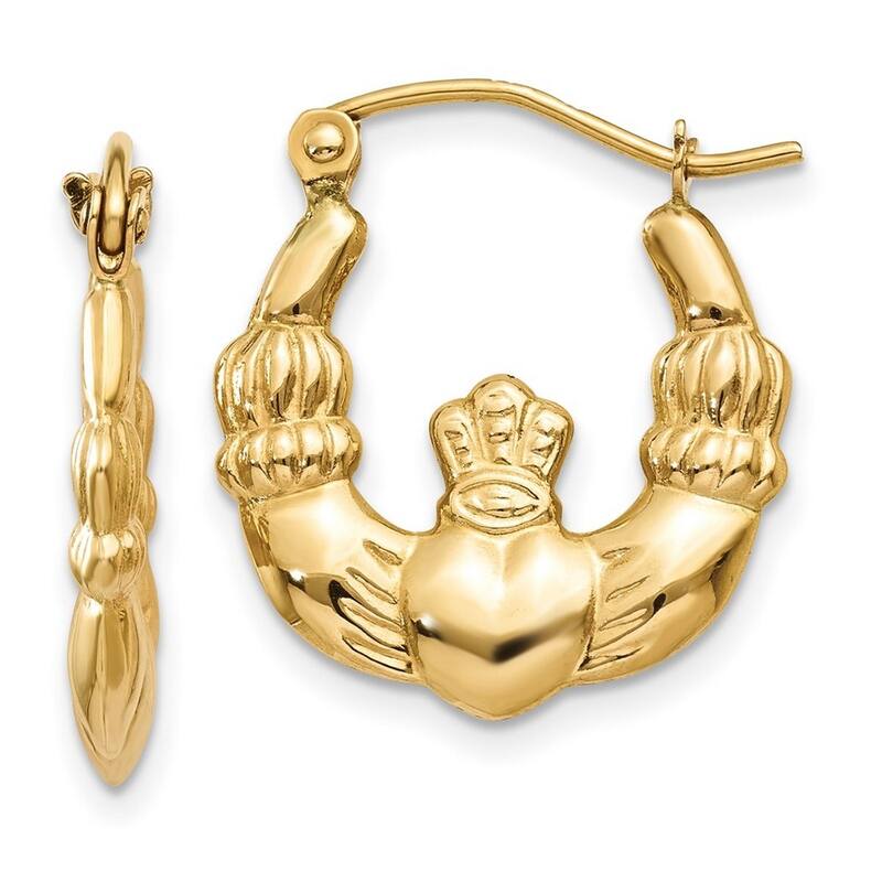 Curata 14k Yellow Gold Claddagh Celtic Small 2x10mm Hoop Earrings